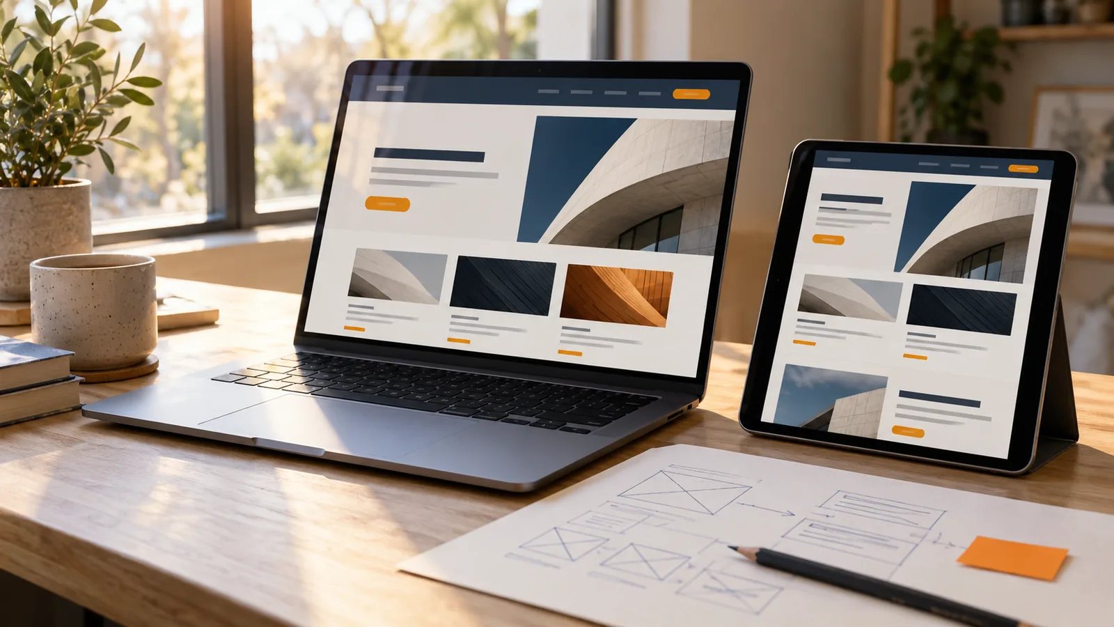 An illustrative website planning workspace with matching laptop and tablet layouts.
